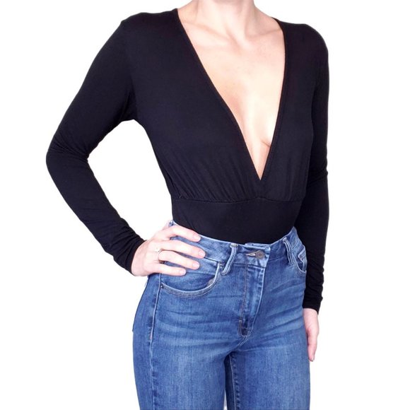 Missguided Tops - Missguided Black Long Sleeve Plunge Bodysuit